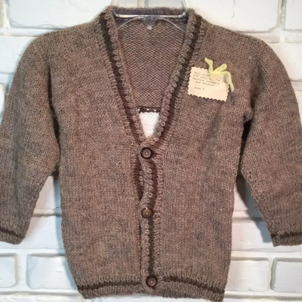 Handmade Snoopy Knit Wool blend Brown Sweater Cardigan 4 New